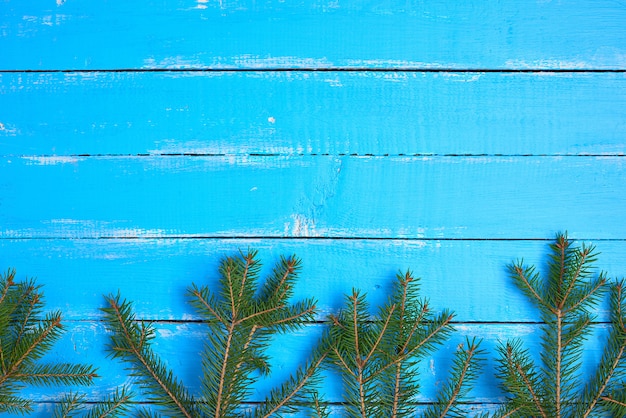 Green branches of needles on a blue background from shabby boards