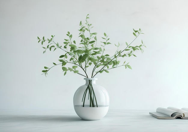 Green Branches in vase on table with light on window