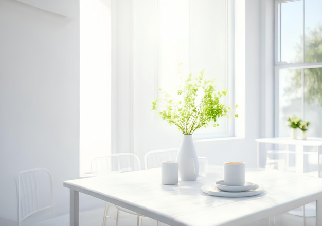 Green Branches in vase on table with light on window