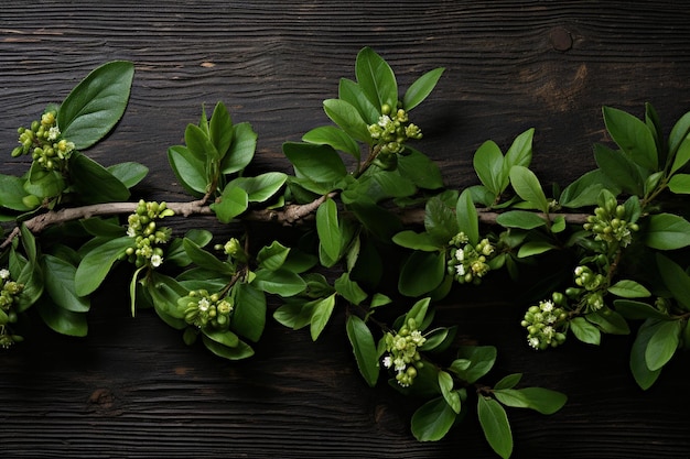 Green branches on wooden table