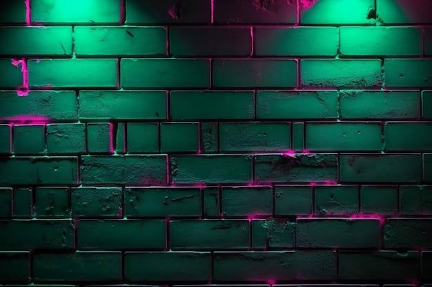 Green brick wall texture background with neon lights abstract background for design