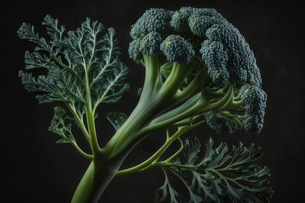 Green broccoli stalk a dark background and a closeup