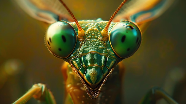 Photo a green and brown praying mantis is staring at the camera the praying mantis is in focus and has a blurred background