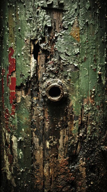 A green and brown wooden post with a hole in it