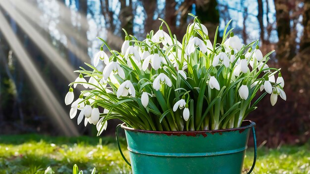 Photo a green bucket of flowers with the word lily on it