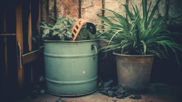 A green bucket with plants in it sits on the ground.