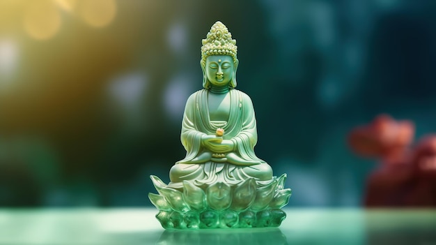 A green buddha statue sits on a table with a green background.