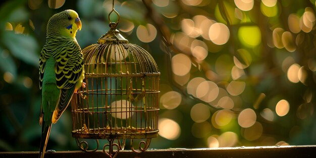 Green budgerigar parrot close up sits in cage