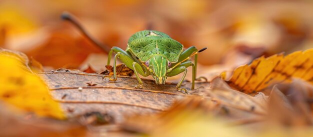 Green Bug on LeafCovered Ground