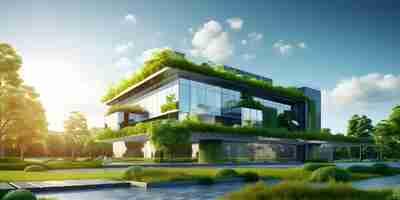 Photo green building background eco friendly building background sustainble green building background