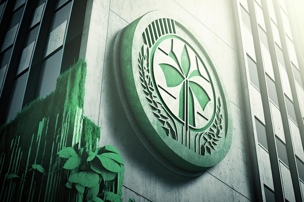 Green building certification symbol on exterior of highrise tower created with generative ai