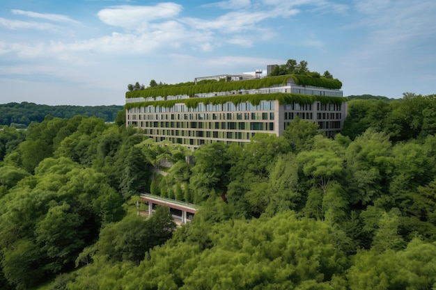 Green building surrounded by lush greenery and natural landscape created with generative ai