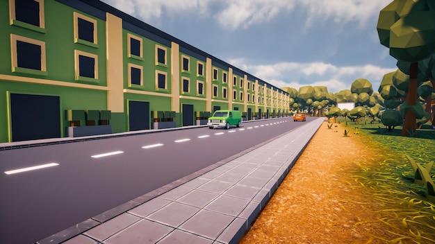 Green buildings in the street with car an road a landscape of city virtual in low polygon 3D render