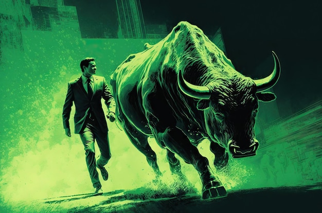 Green bull run metaphor to business or stock market is growth increase profit