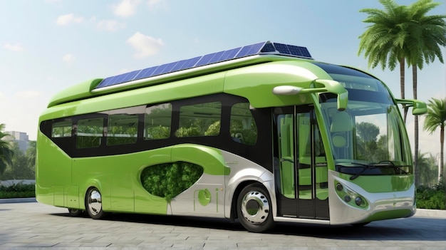 a green bus with solar panels on the roof parked in a parking lot