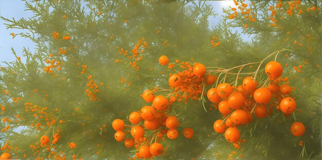 枝にオレンジ色の果実が付いている緑の灌木