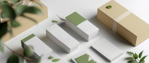 Green business elegance through a mock up of green packaging and business cards sustainable brands