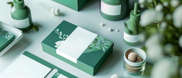 Photo green business elegance through a mock up of green packaging and business cards sustainable brands