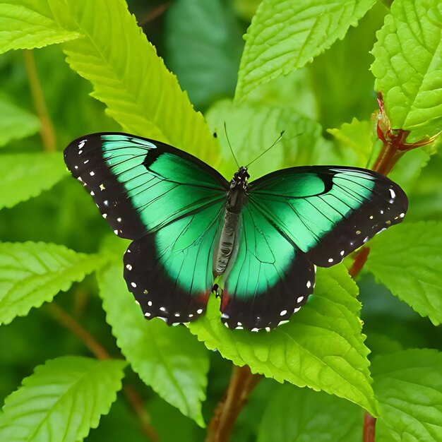 a green butterfly with white spots on its wings is shown in the photo