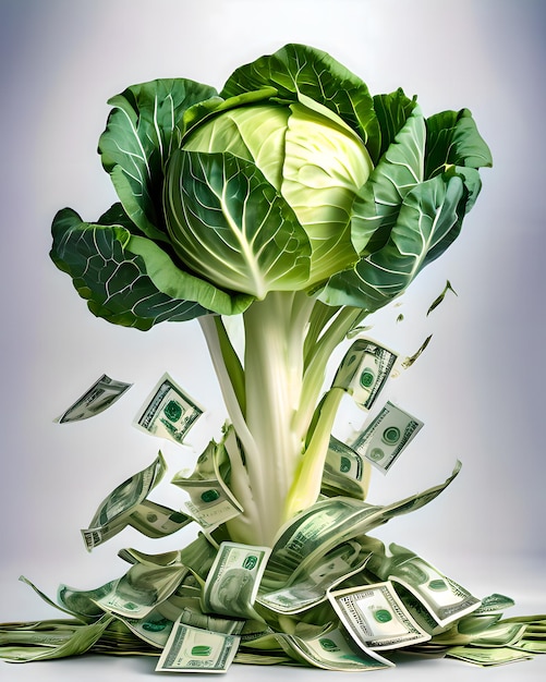 Green cabbage on a pile of dollars conceptual image 3d rendering