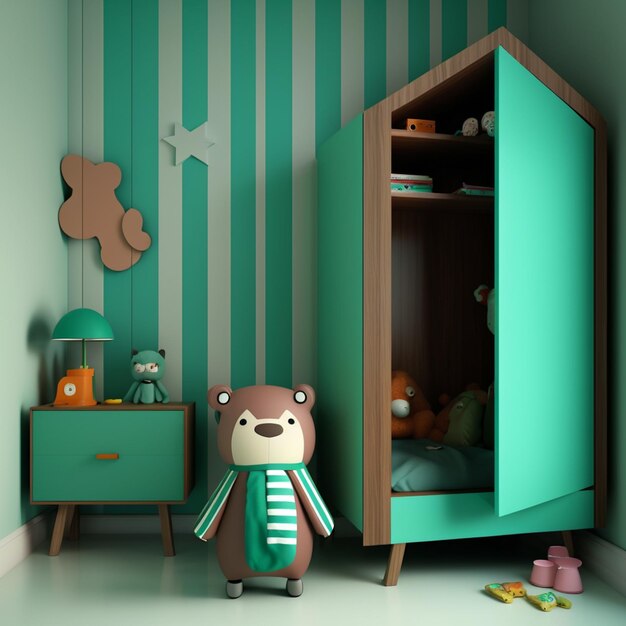 A green cabinet with a bear on it in a room with a plane on the wall