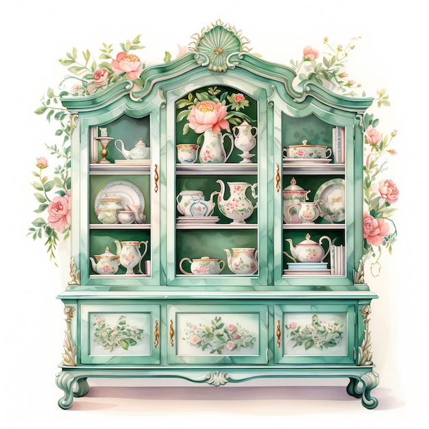 a green cabinet with a picture of a china cabinet with a floral design.