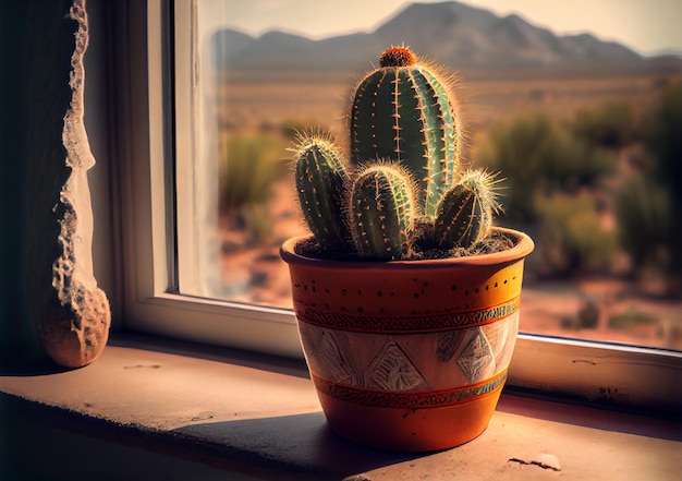 A green cactus in a ceramic pot stands on a windowsill