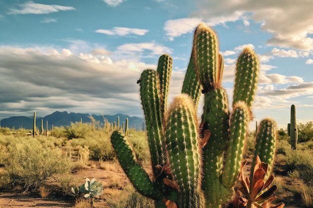 A green cactus under a cloudy sky in the sonoran desert outside of tucson arizona