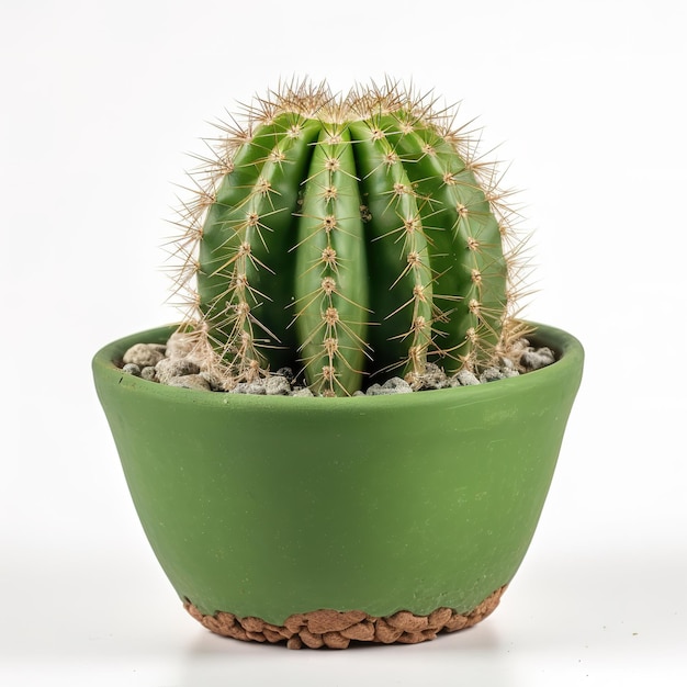 A green cactus pot with a small amount of dirt on it.