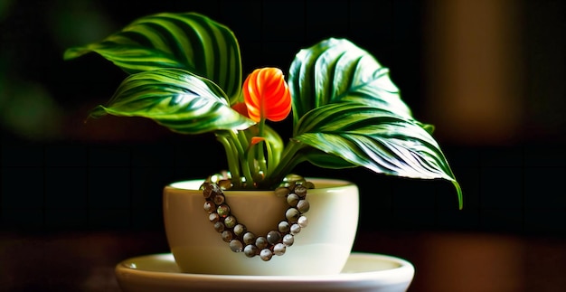 Green calathea in tiny white pot with rhinestone heart