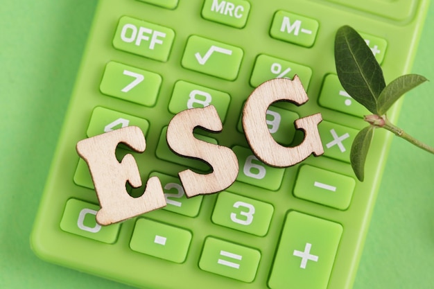 Green calculator wooden letter ESG fresh plant Environmental Social Corporate Governance Investments