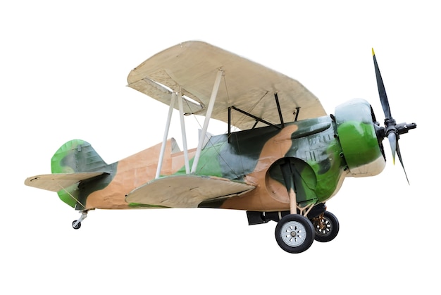 Green camouflage old fighter plane with propeller, Metal airplane for military purpose, Combat aircraft in World War 2 history isolated on white background with clipping path