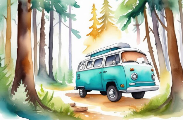 green camper van parked in forest vacation in wild nature watercolor illustration