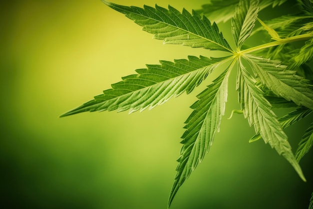 CBD と麻製品の鮮やかな背景に緑の大麻の葉