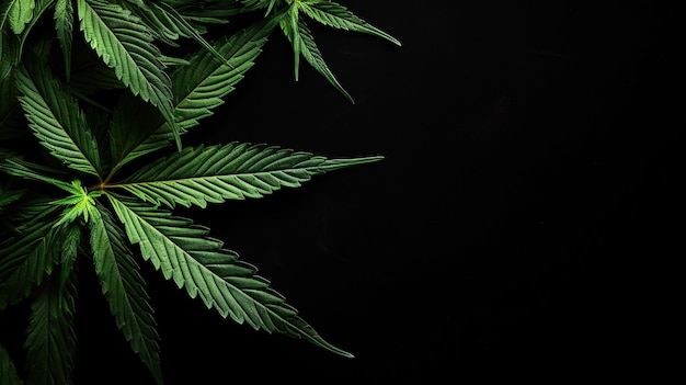 黒い背景の緑色の大麻の葉 医療用マリファナの栽培 コピースペース