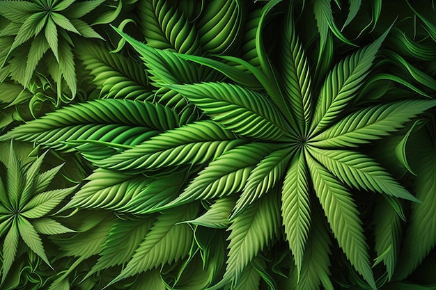 Green cannabis leaves fill the entire frame