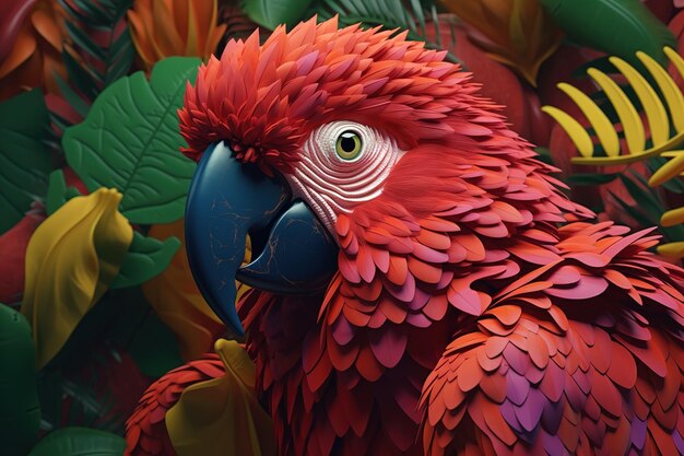 a green canopy around a bright red bird with a blue beak