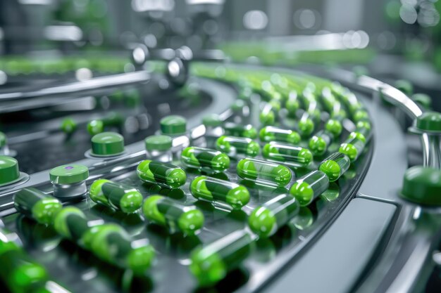 Photo green capsule medicine pill production line industrial pharmaceutical concept