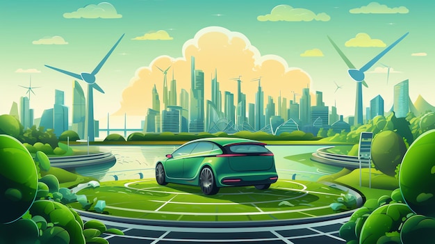 Photo a green car on a circular road surrounded by water and windmills