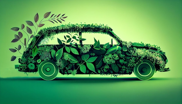 Foto auto verde ricoperta di foglie e fiori su uno sfondo verde brillante auto ecologica o concetto 