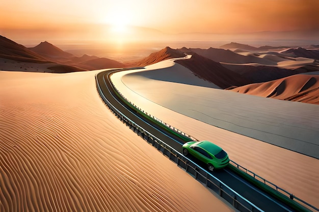 A green car drives along a road in the desert.