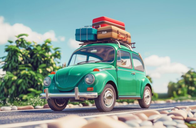 A green car drives on a road with luggage on it