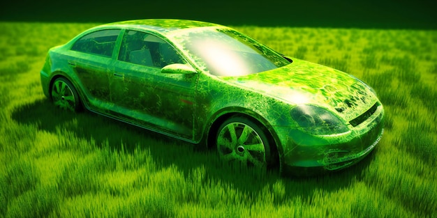 Зеленый автомобиль пасется на поле