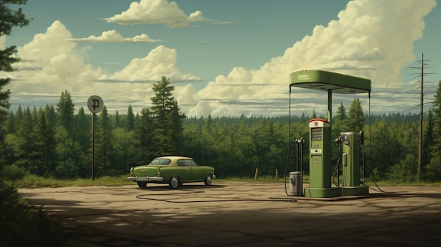 Foto una macchina verde è parcheggiata accanto a una pompa di gas