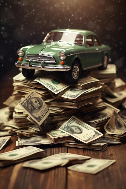 Photo a green car is on a pile of money