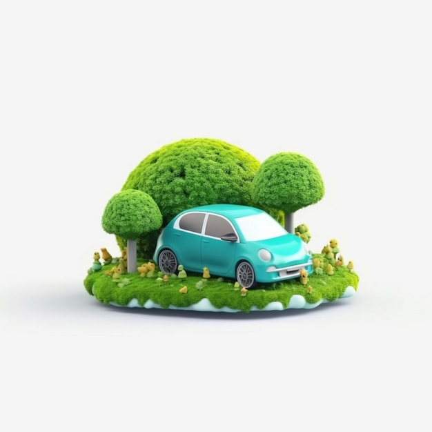 A green car is on a small island with trees on it.