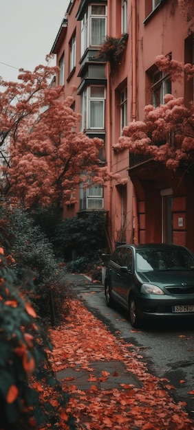 A green car parked in front of a red building with the license plate d8.