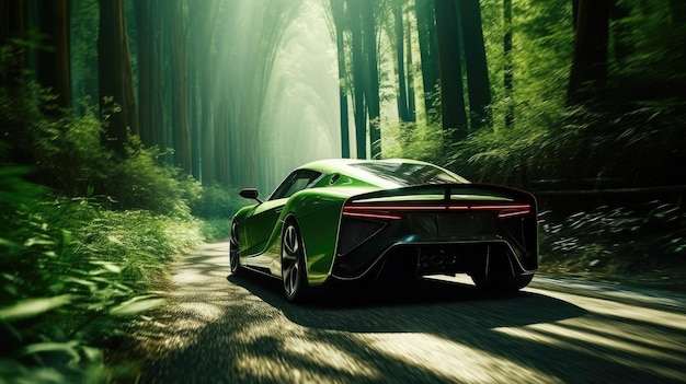 Green car on a road in the woods