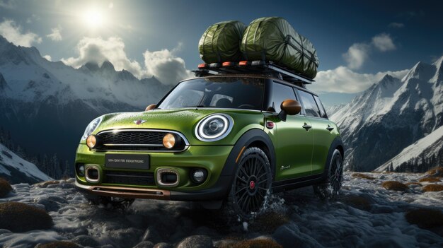Photo a green car was loaded with luggage with skis and tents on the top surrounding blur logo