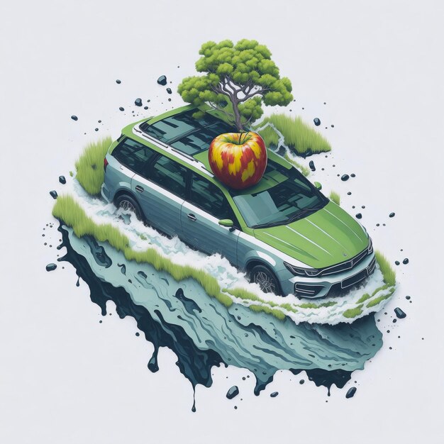 A green car with an apple on top of it